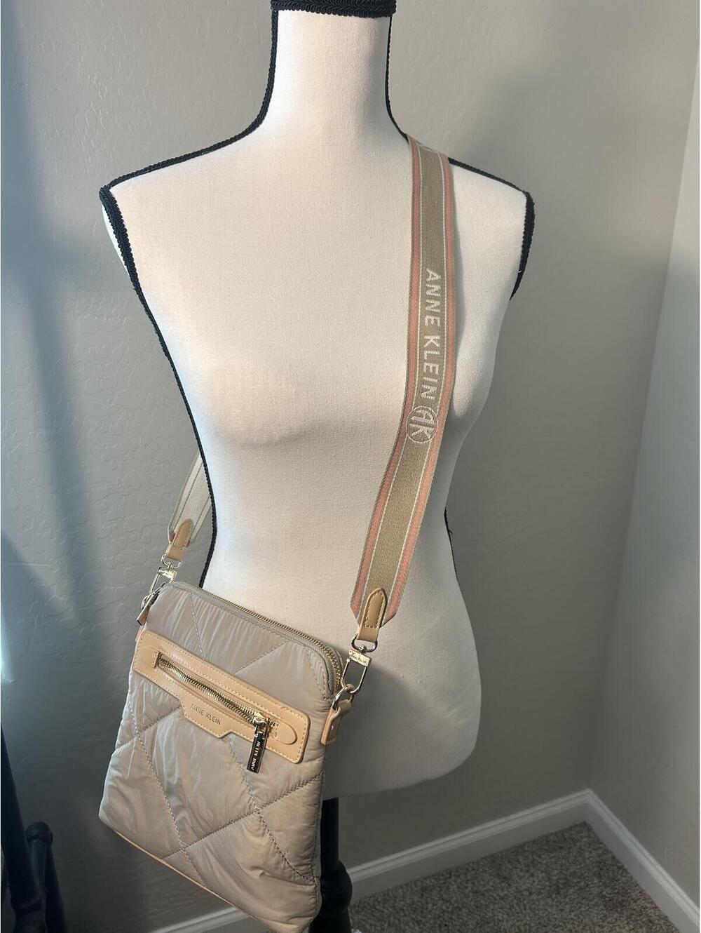 Anne Klein Quilted Crossbody Bag Beige Adjustable Logo Strap - Picture 3 of 8